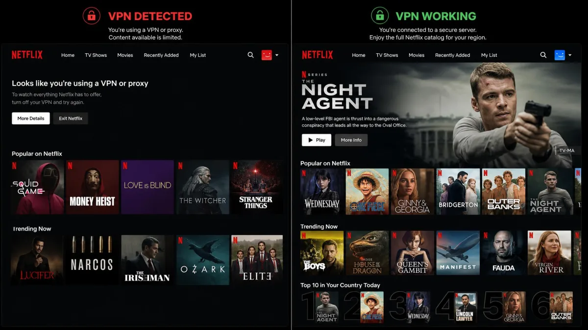 Two side-by-side Netflix screens, one showing the sparse limited global catalog when a VPN is detected and the other showing a full regional catalog after switching to a working server.