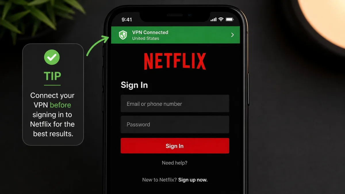 A phone showing the Netflix login screen appearing after the VPN status bar has turned green, illustrating the tip to connect the VPN before signing in.