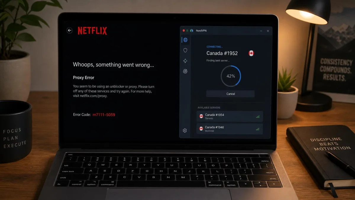 A laptop showing the Netflix m7111-5059 proxy error message, with a VPN app open beside it mid-way through switching to a different server in the same country.