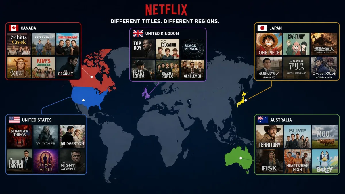 A world map graphic with the United States, United Kingdom, Japan, Canada, and Australia highlighted, each showing a different sample of Netflix title thumbnails to illustrate regional catalog differences.