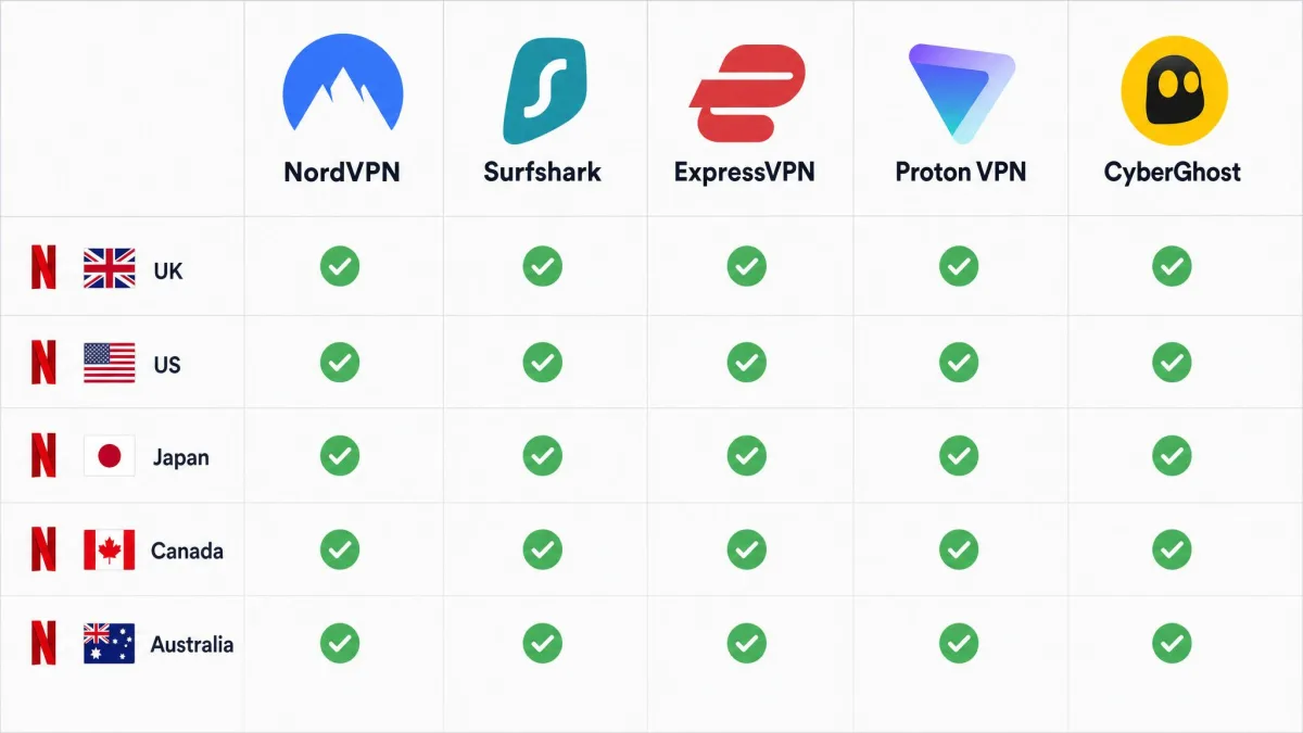 A clean comparison graphic lining up the NordVPN, Surfshark, ExpressVPN, Proton VPN, and CyberGhost app icons above small Netflix region flags for the UK, US, Japan, Canada, and Australia.
