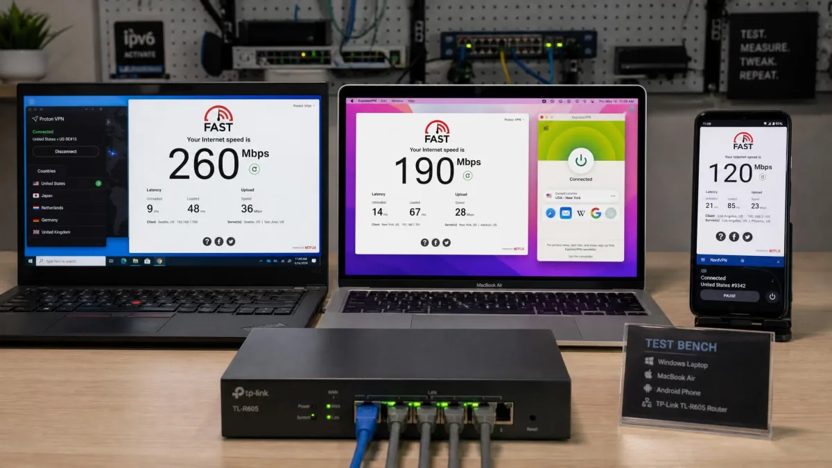 A testing bench with a Windows laptop, a MacBook, and an Android phone, each running a different VPN app and displaying a Netflix speed test, with a network router in the foreground.