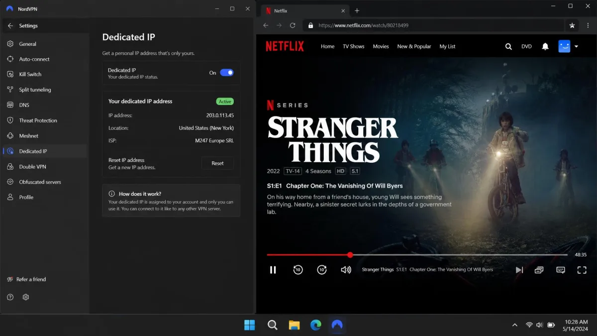 The NordVPN settings panel showing the dedicated IP option enabled, next to a Netflix stream running without a proxy error.
