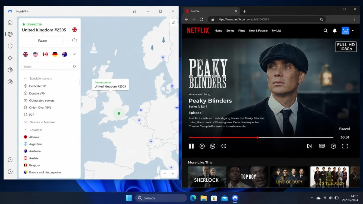 NordVPN Windows app connected to a UK server on the left, with Netflix UK open in a browser on the right showing a British-only title playing in Full HD.