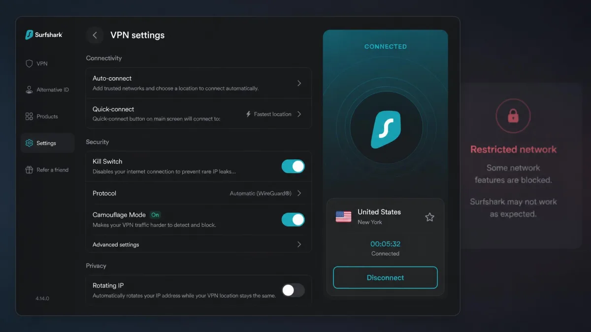 The Surfshark app settings screen with Camouflage Mode obfuscation toggled on, connected to a server while a restricted network warning fades in the background.