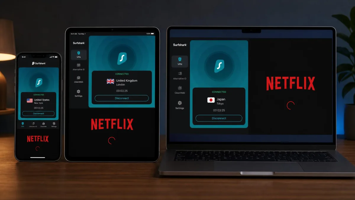Surfshark app open on a phone, tablet, and laptop side by side, each connected to a different country server with Netflix loading on all three screens.