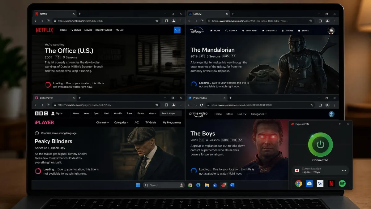 A laptop screen split across four browser tabs showing Netflix, Disney Plus, BBC iPlayer, and Amazon Prime Video, each loading a region-locked title with a VPN connected.