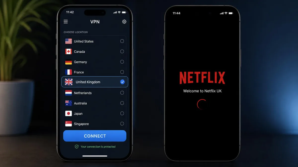 A VPN app country-selection screen with the United Kingdom highlighted and a connect button, next to a phone showing Netflix UK loading after connection.