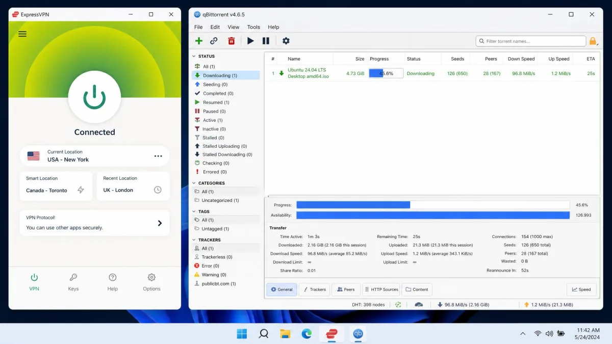ExpressVPN connected with the Lightway protocol selected, next to a torrent client showing a fast download in progress at high transfer speed.