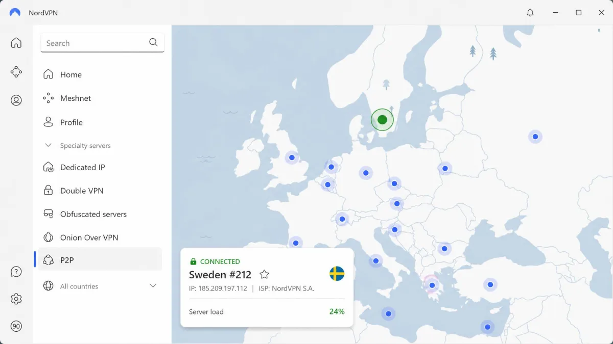 The NordVPN desktop app showing the P2P specialty servers category selected, with a connected status and the server load percentage visible.
