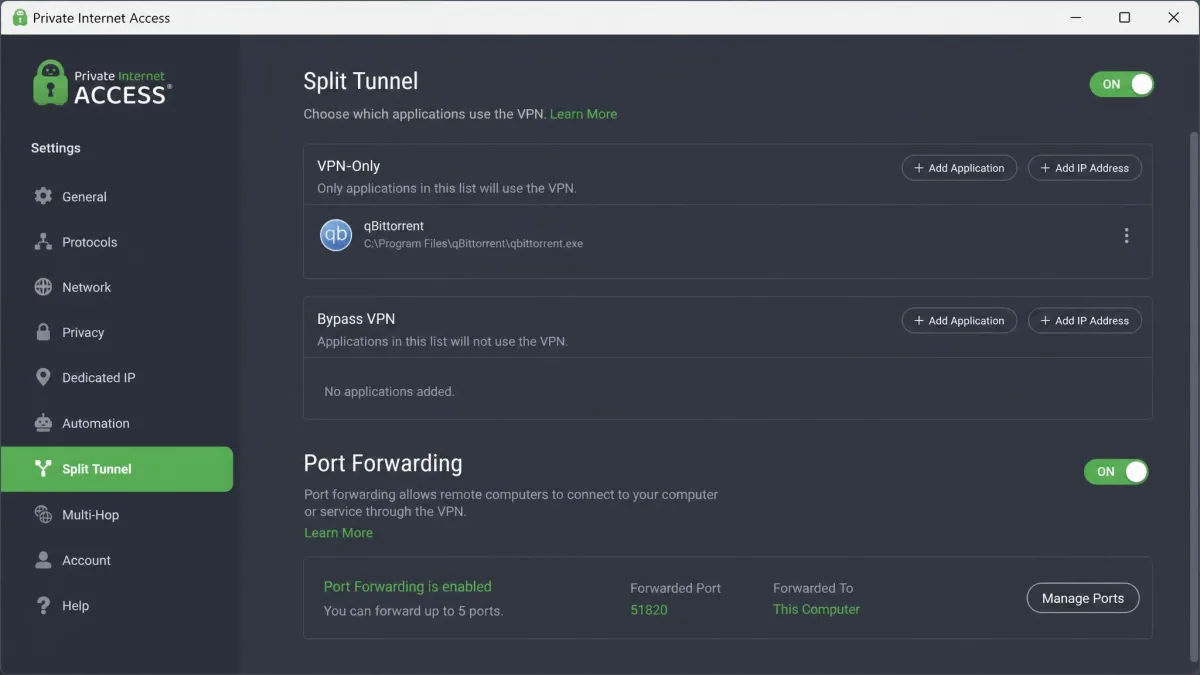 The Private Internet Access settings screen with port forwarding enabled and the split tunneling panel showing a torrent client added to the VPN-only list.