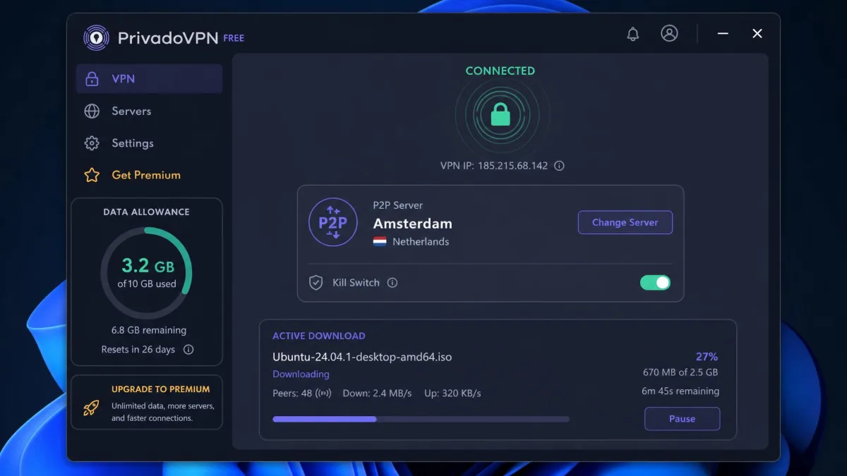 The PrivadoVPN free app connected to a P2P server, with the 10 GB monthly data allowance meter partly used and a torrent download running.