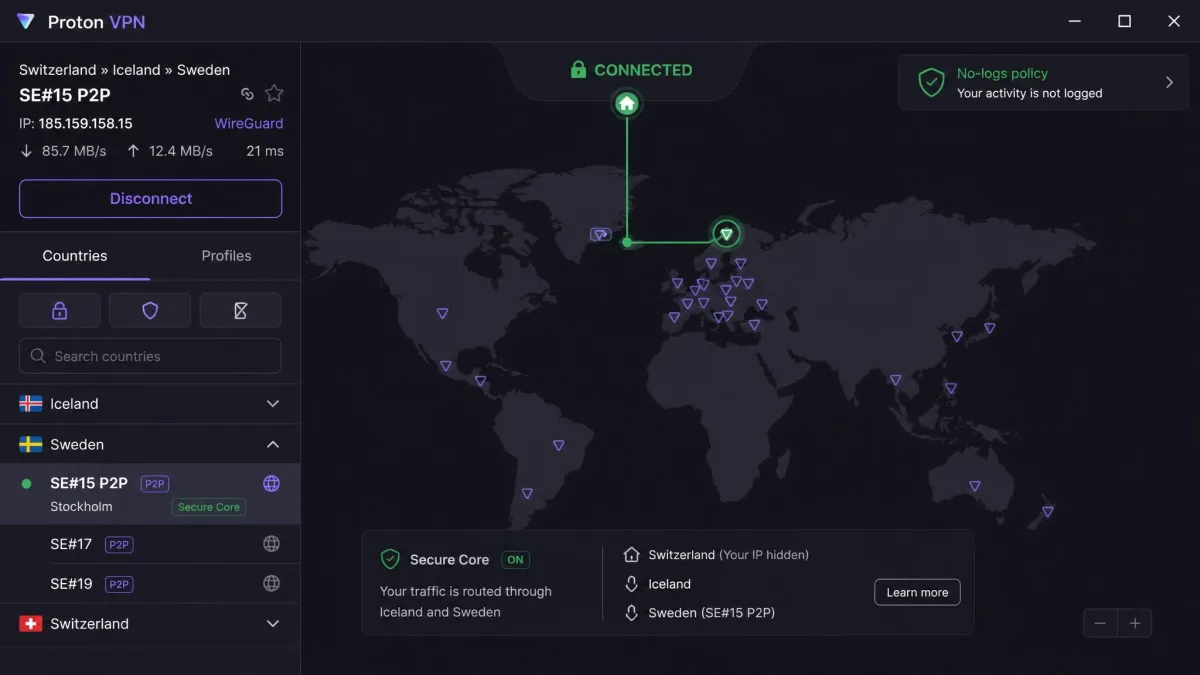The Proton VPN app showing a P2P-optimized server selected with the Secure Core routing option and a connected, no-logs status indicator.