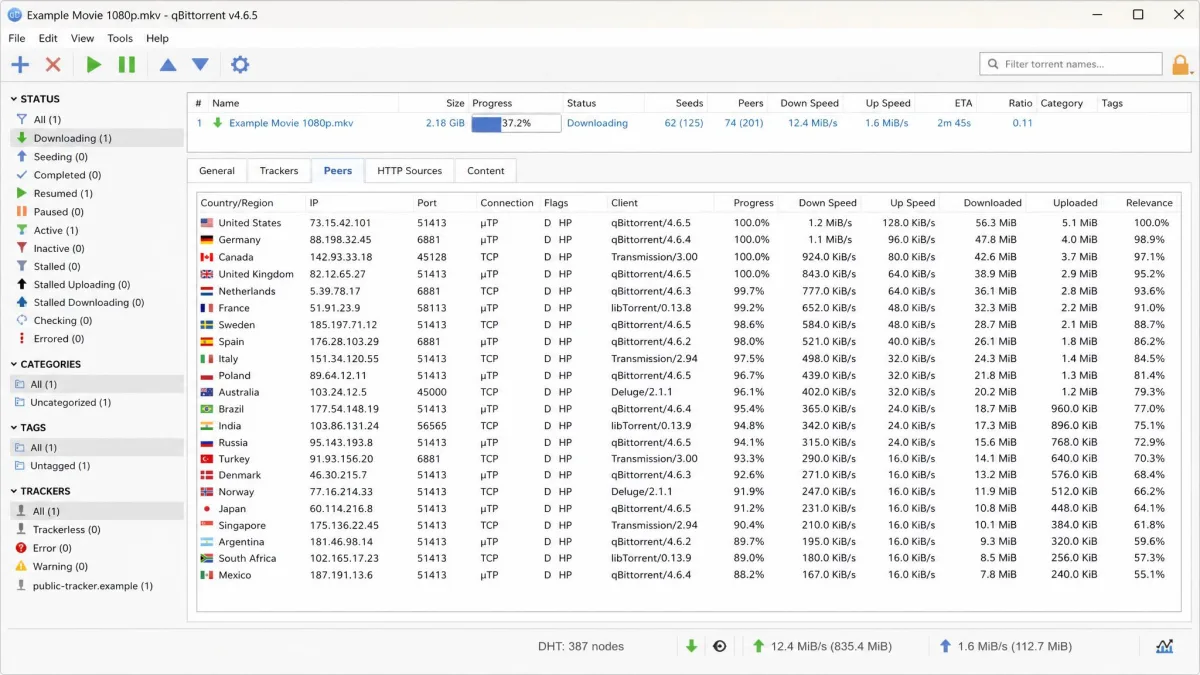 A torrent client's peers tab listing dozens of connected IP addresses in the swarm, illustrating how every peer can see the others' addresses.