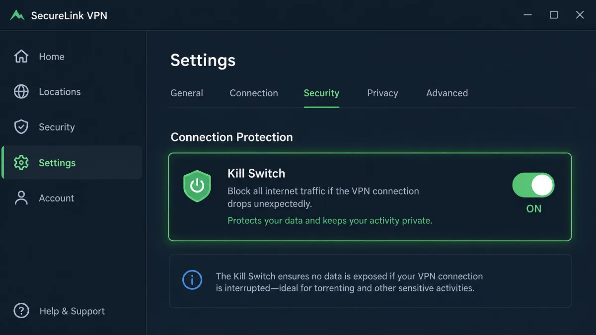 A VPN app's settings panel with the kill switch toggle switched on and highlighted, the single setting that protects a torrent session if the connection drops.