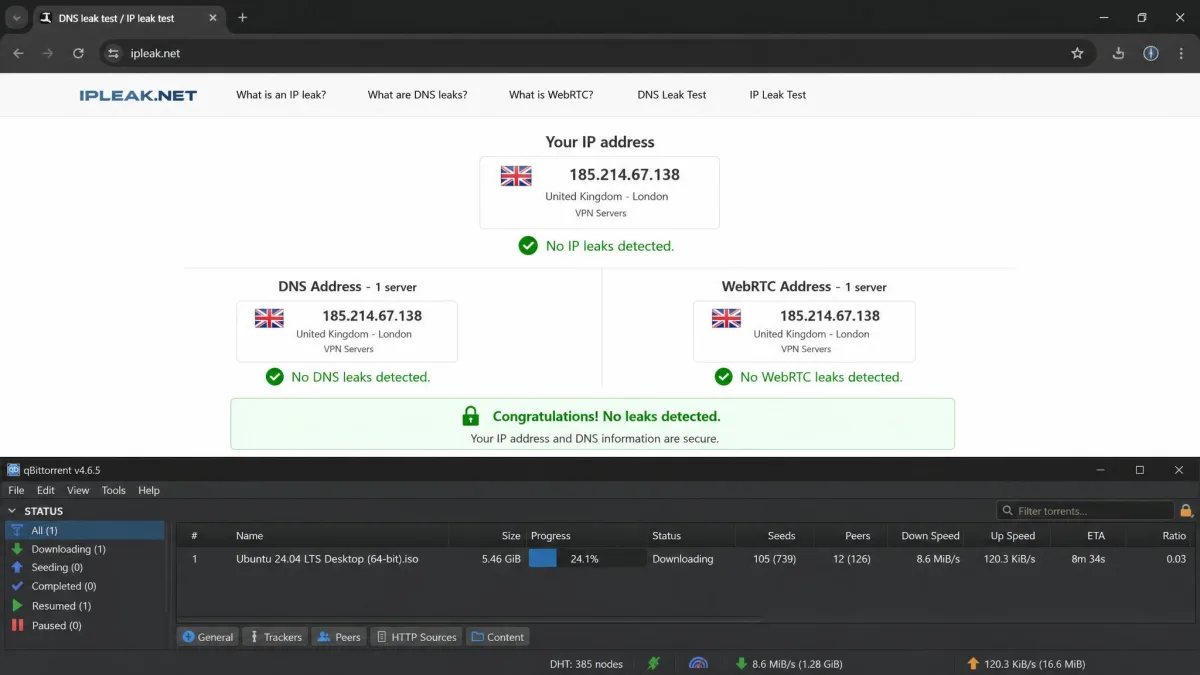 A browser open to a DNS and IP leak test results page showing only the VPN server location, run alongside an active torrent download, confirming no leaks.
