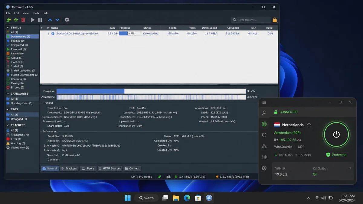 A qBittorrent window downloading a large Linux ISO with a VPN app connected in the corner of the screen, showing an active P2P server location and a green protected status.