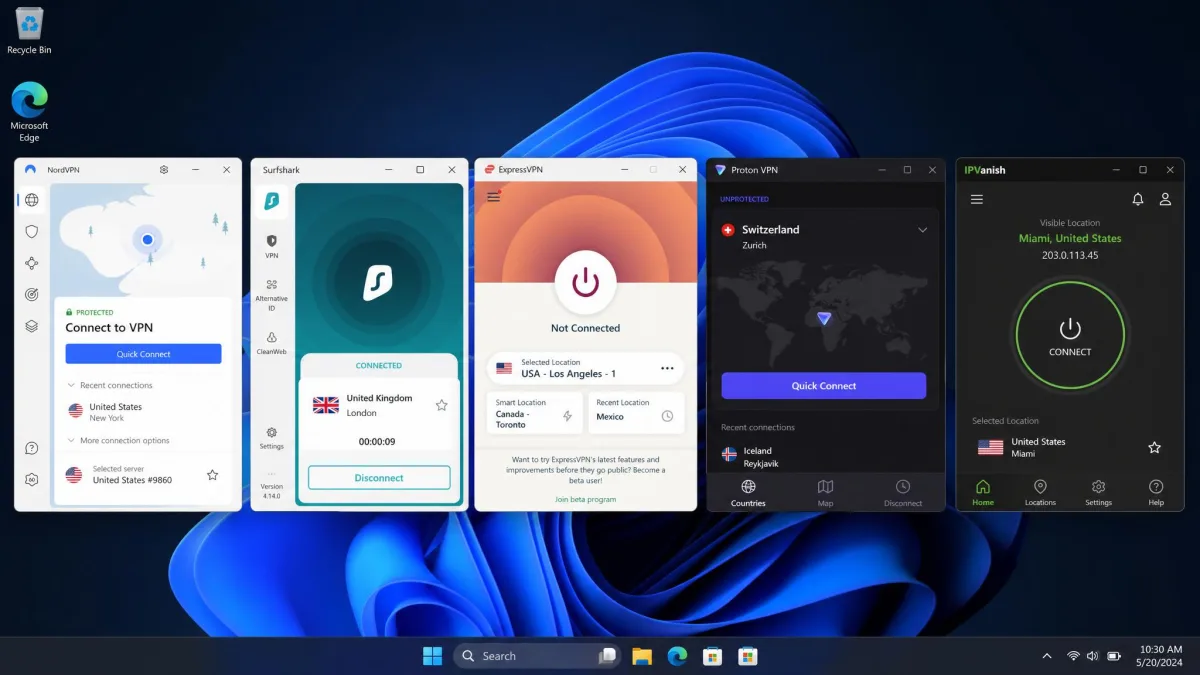 Five Windows VPN desktop apps (NordVPN, Surfshark, ExpressVPN, Proton VPN, and IPVanish) shown side by side on a Windows 11 desktop, each open to its main connect screen with a server location selected.