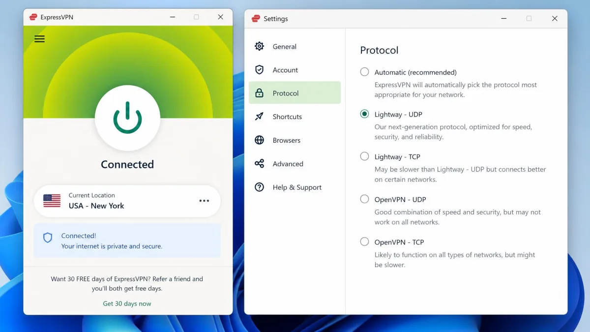 ExpressVPN's Windows app with the large connect button showing a connected status, the Lightway protocol selected in settings, and a US server location displayed.