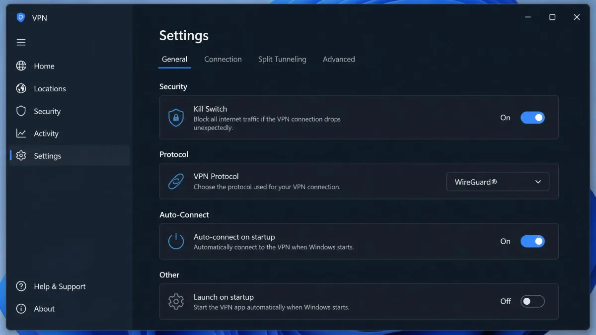 The Windows 11 VPN app settings screen with the kill switch toggle enabled, WireGuard protocol selected, and the auto-connect on startup option turned on.