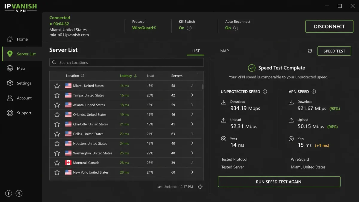 IPVanish's Windows app showing the server list sorted by latency, WireGuard protocol selected, and a completed speed test result close to the unprotected baseline.