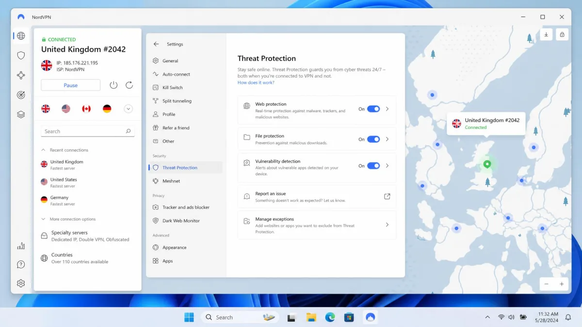 NordVPN's Windows 11 app open to the Threat Protection settings screen, with the server map visible behind it and a nearby server showing a connected status.