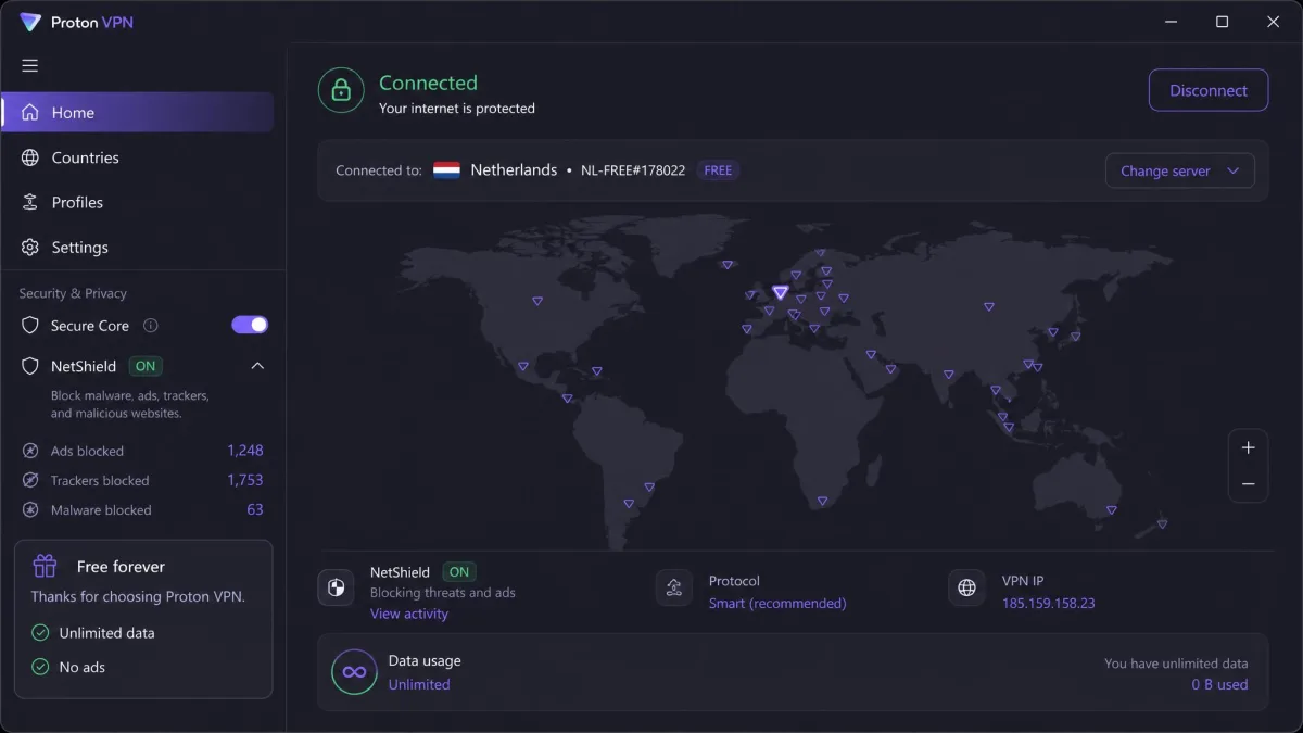 Proton VPN's Windows app on the free plan, showing unlimited data with no ads, the Secure Core toggle, and the NetShield blocker in the sidebar with a connected free server.