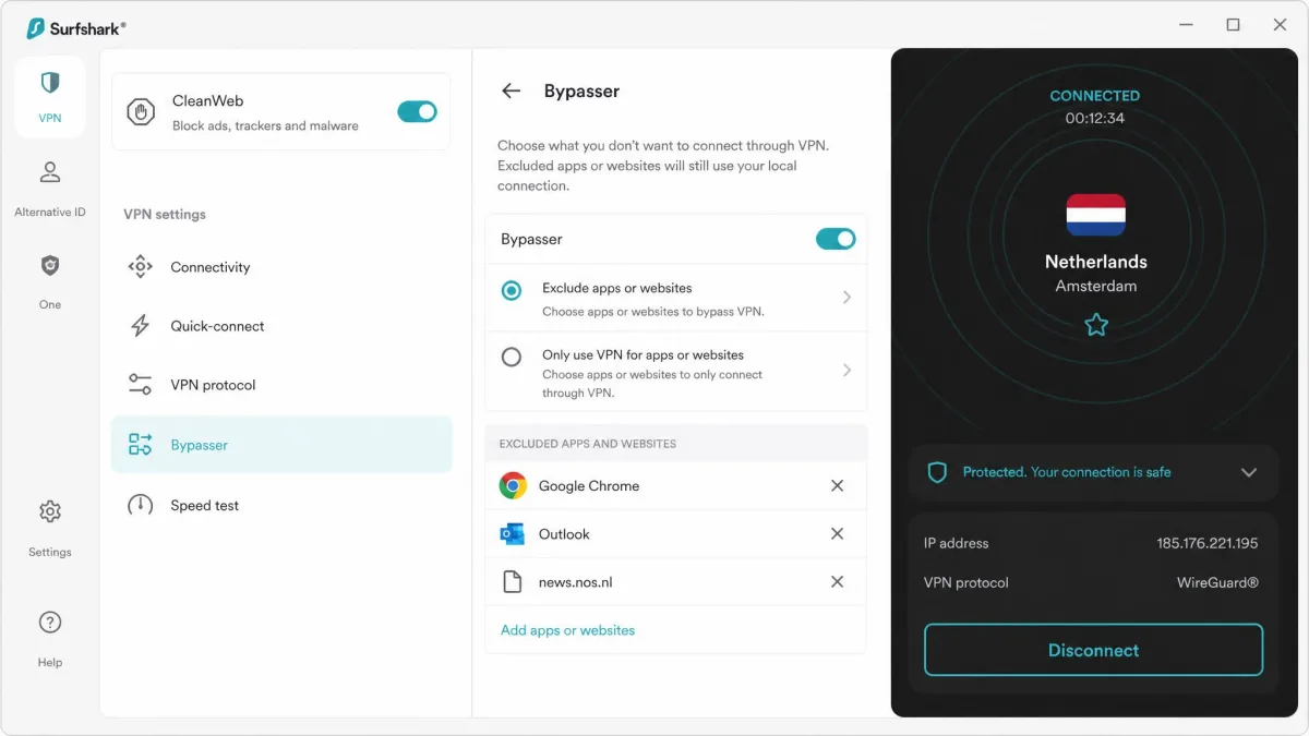 Surfshark's Windows app showing the CleanWeb ad and malware blocker toggle enabled, with a connected server in the Netherlands and the Bypasser split-tunneling menu open.