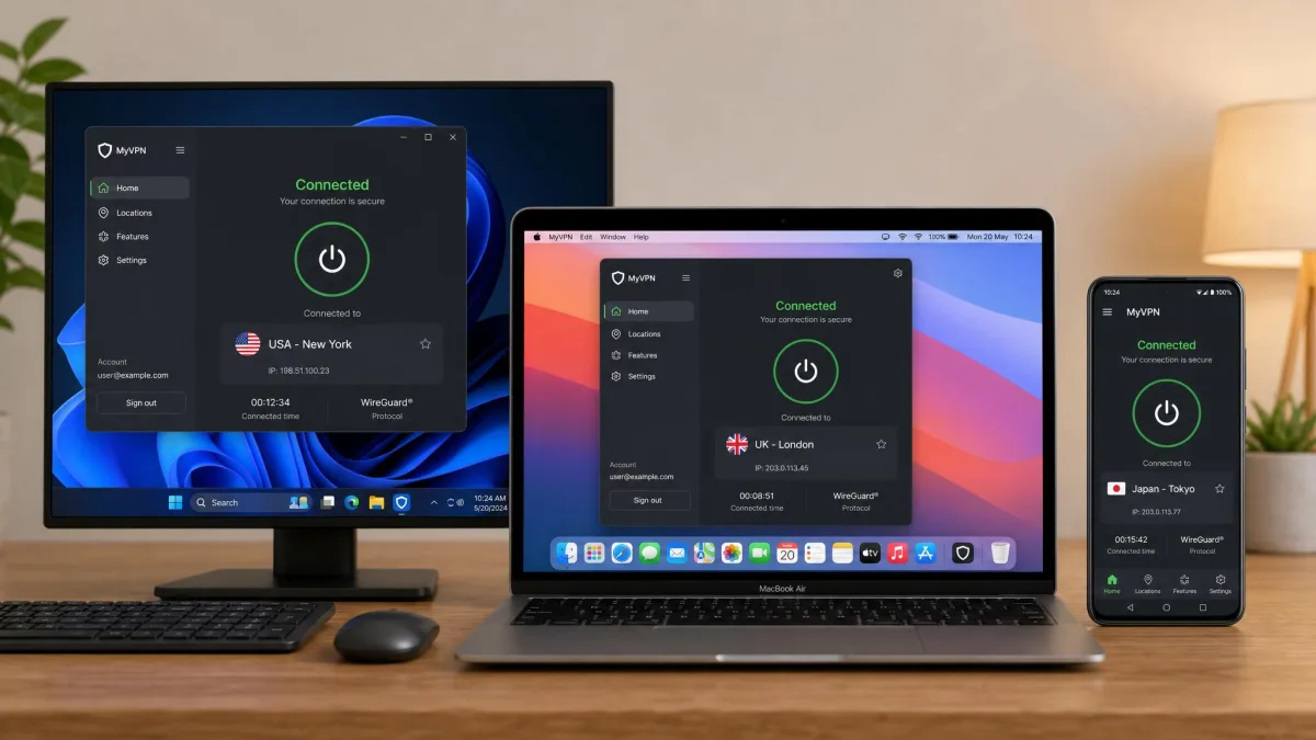 The same VPN account signed in and connected across a Windows PC, a macOS laptop, and an Android phone at once, each showing a connected status to a different server.