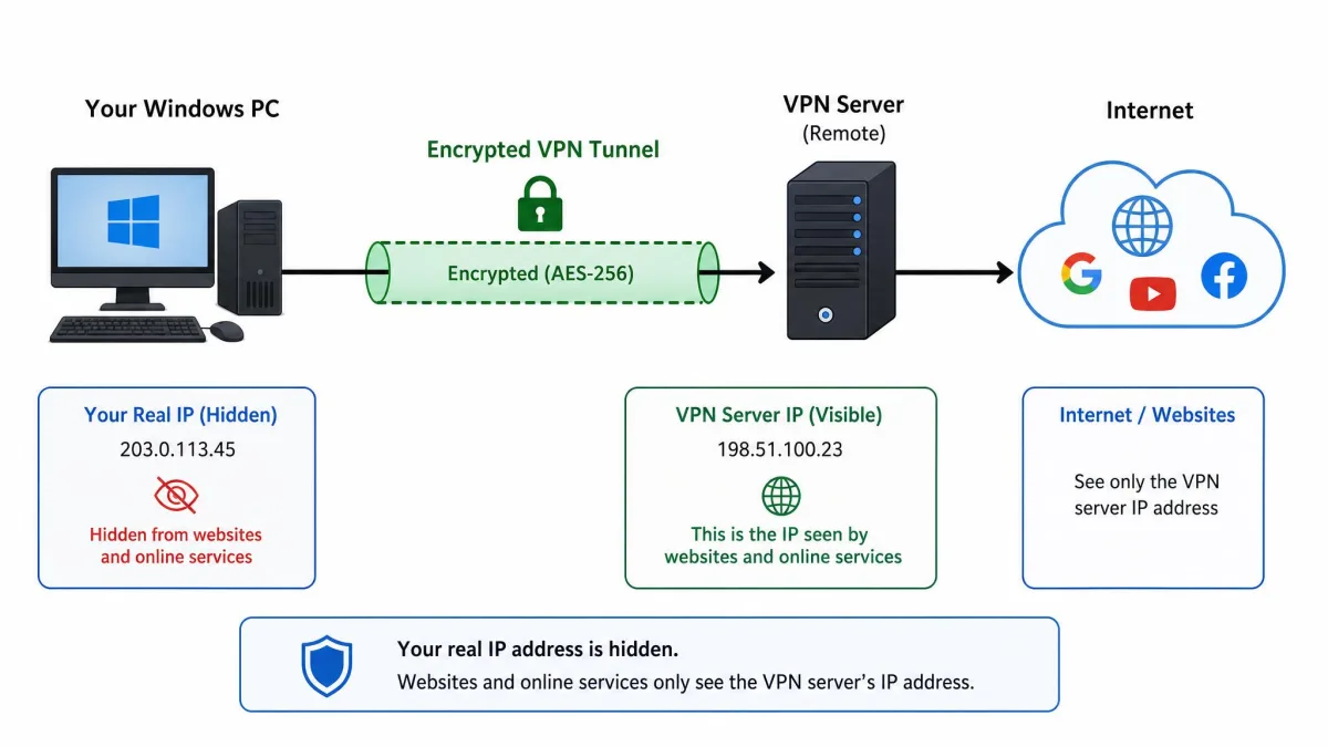 A simple diagram showing a Windows PC connecting through an encrypted VPN tunnel to a remote server and then to the internet, with the user's real IP address hidden behind the server's address.