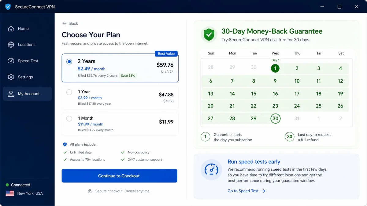 A calendar view highlighting a 30-day money-back guarantee window next to a Windows VPN app subscription screen, with a note reminding the user to run speed tests early.