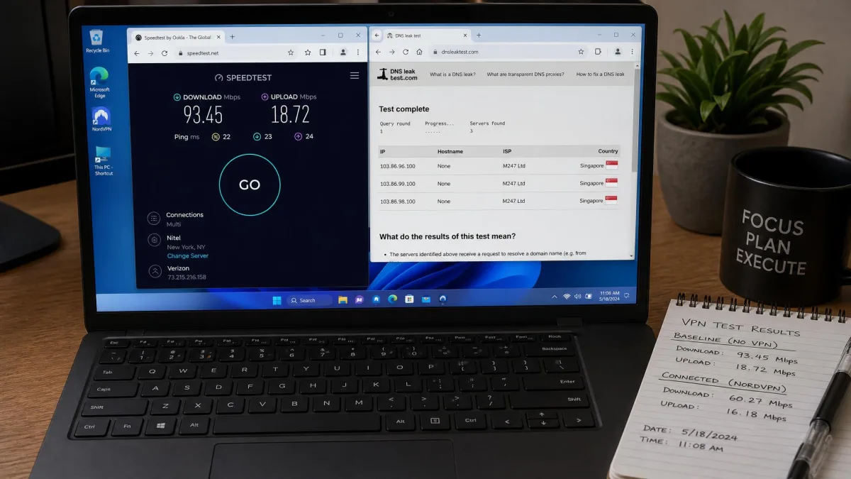 A Windows laptop running a VPN speed test in one window and a DNS leak test in another, with a notepad of recorded baseline and connected download figures beside the keyboard.