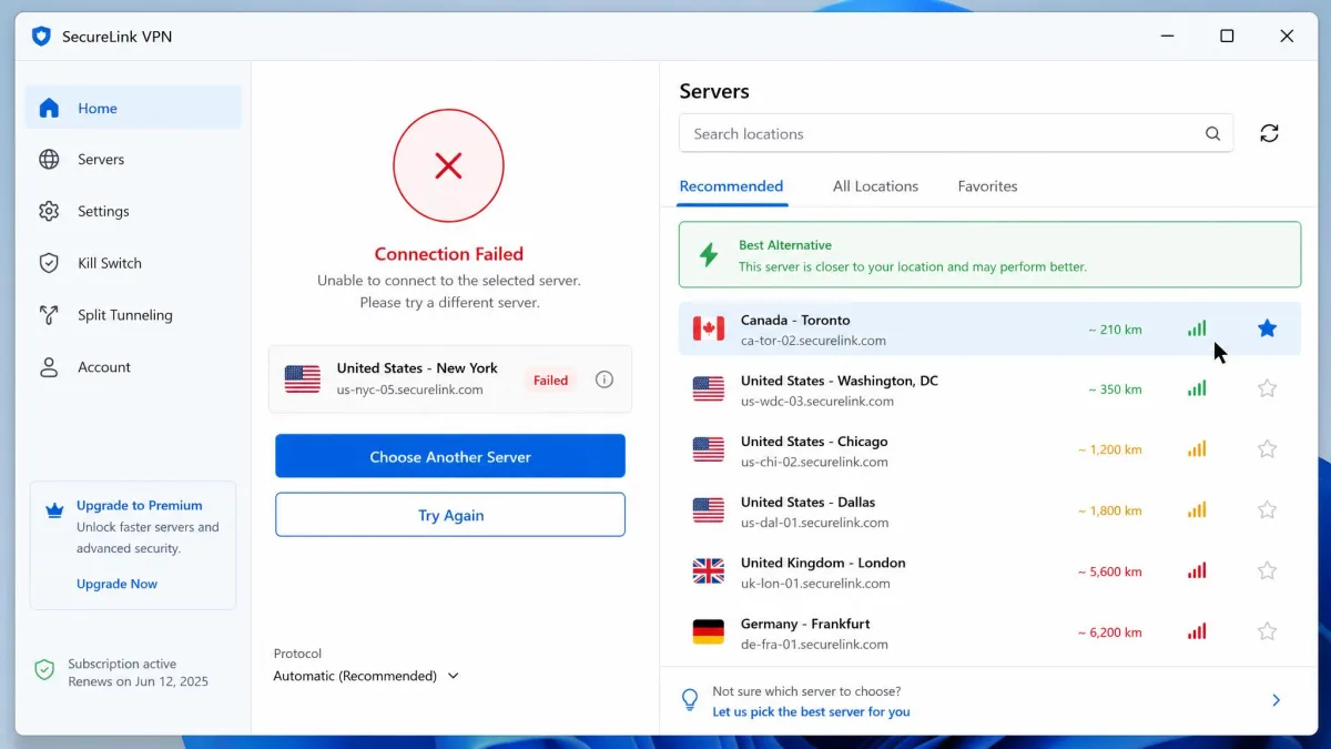 A Windows VPN app showing a failed connection message next to the server list, with a user selecting a closer alternative server to reconnect.