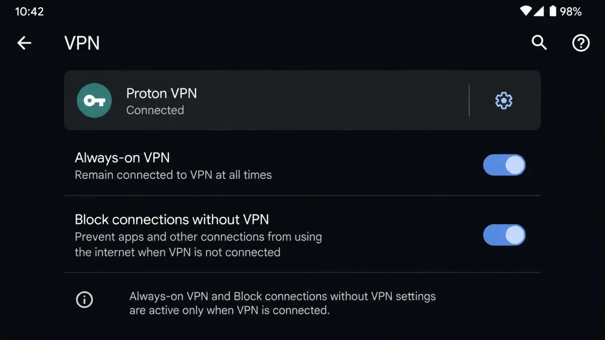 Android system settings showing the always-on VPN and block-connections-without-VPN toggles enabled for a VPN app.
