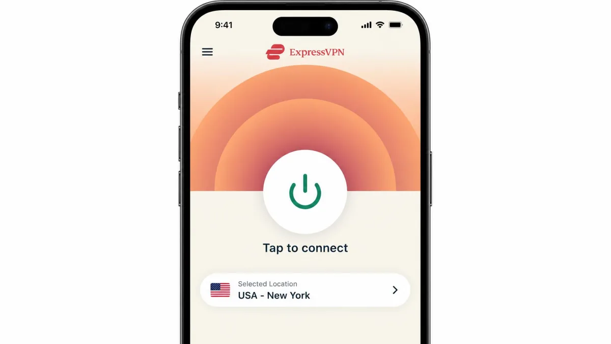 ExpressVPN's iPhone app on the main screen with the large one-tap connect button and the selected server location shown below it.