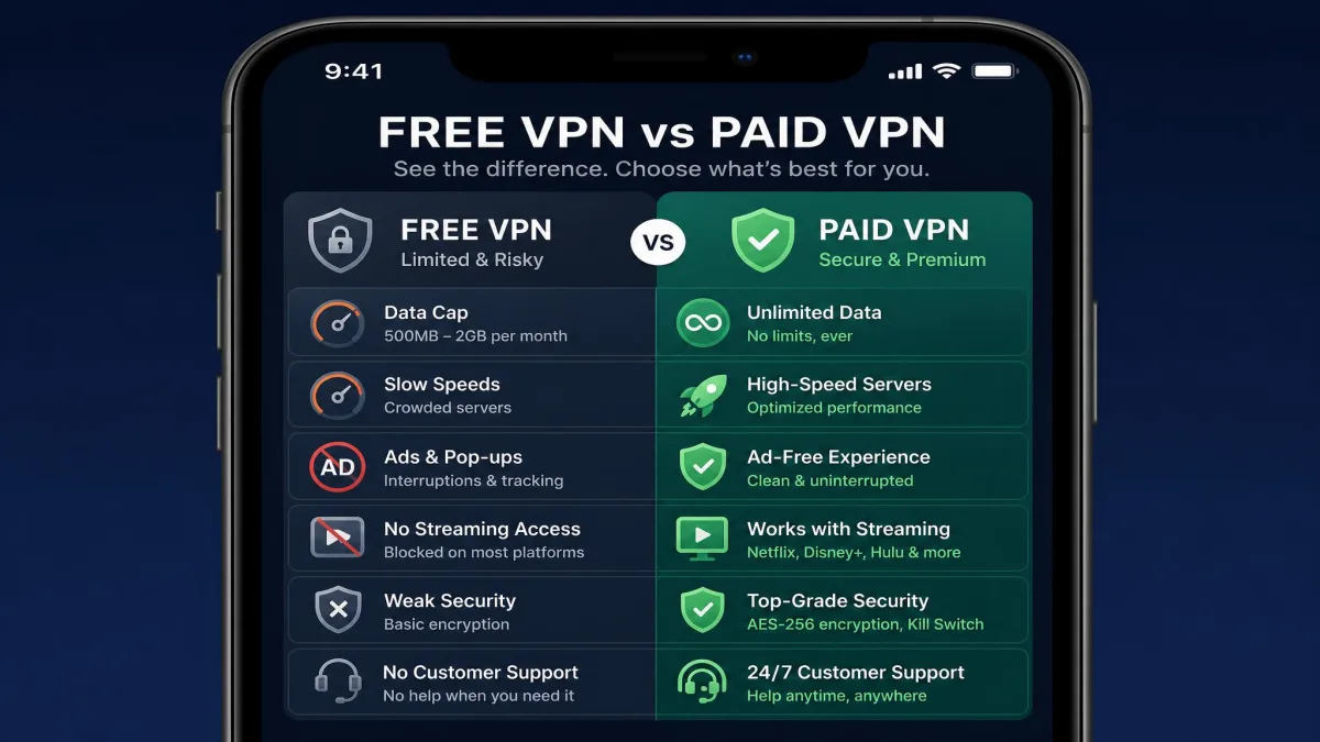 A comparison graphic on a phone screen showing free VPN limitations like data caps and ads next to paid VPN benefits like unlimited data and streaming.