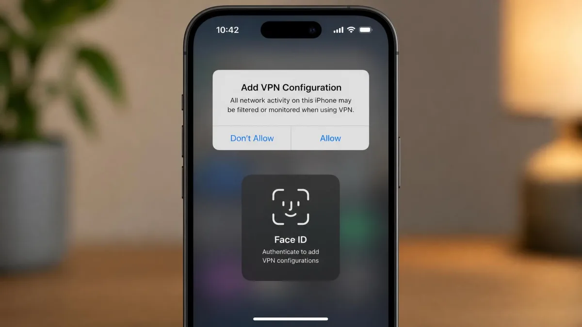 An iPhone screen showing the iOS prompt to add a VPN configuration with the Allow button and a Face ID confirmation.