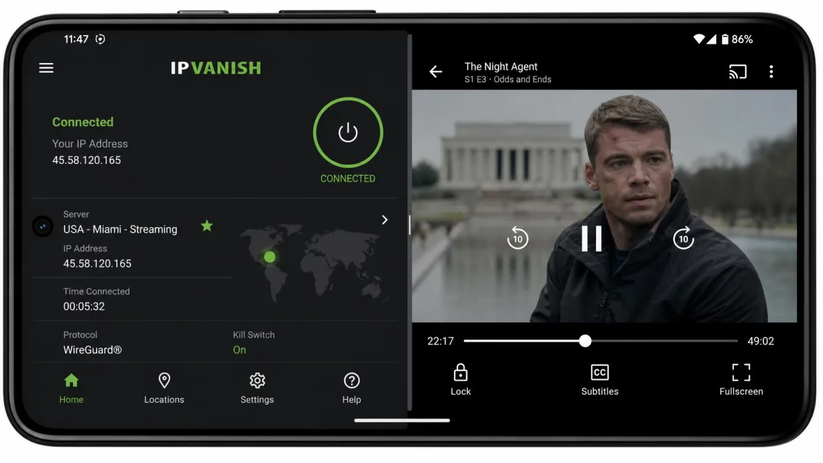 IPVanish's Android app connected to a streaming-optimized server with a video app playing in a split view on the phone screen.