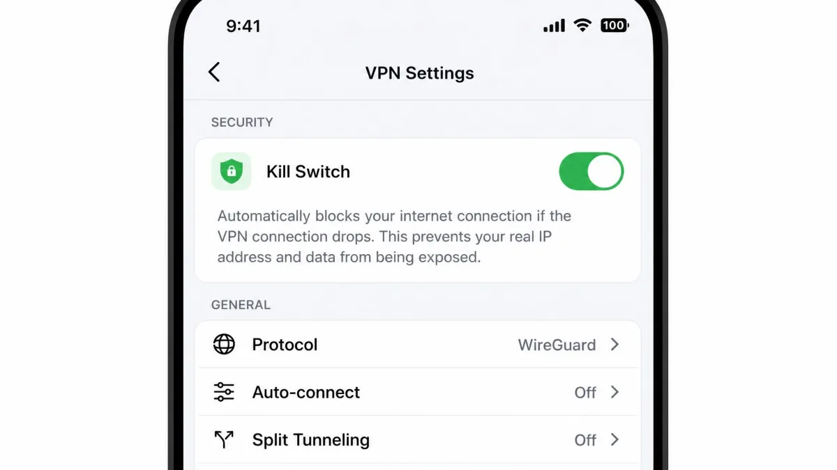A phone VPN app settings screen with the kill switch toggle turned on and a short explanation of what it does shown beneath it.