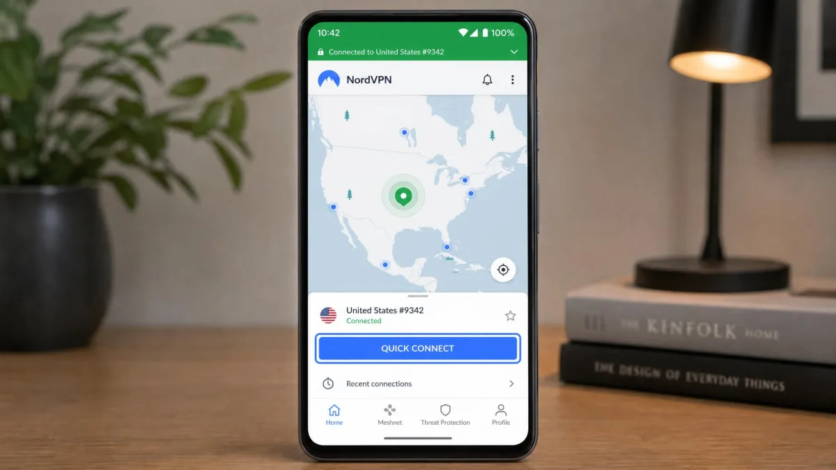 NordVPN's Android app on a phone showing a connected status to a US server, with the map view and the quick-connect button highlighted.