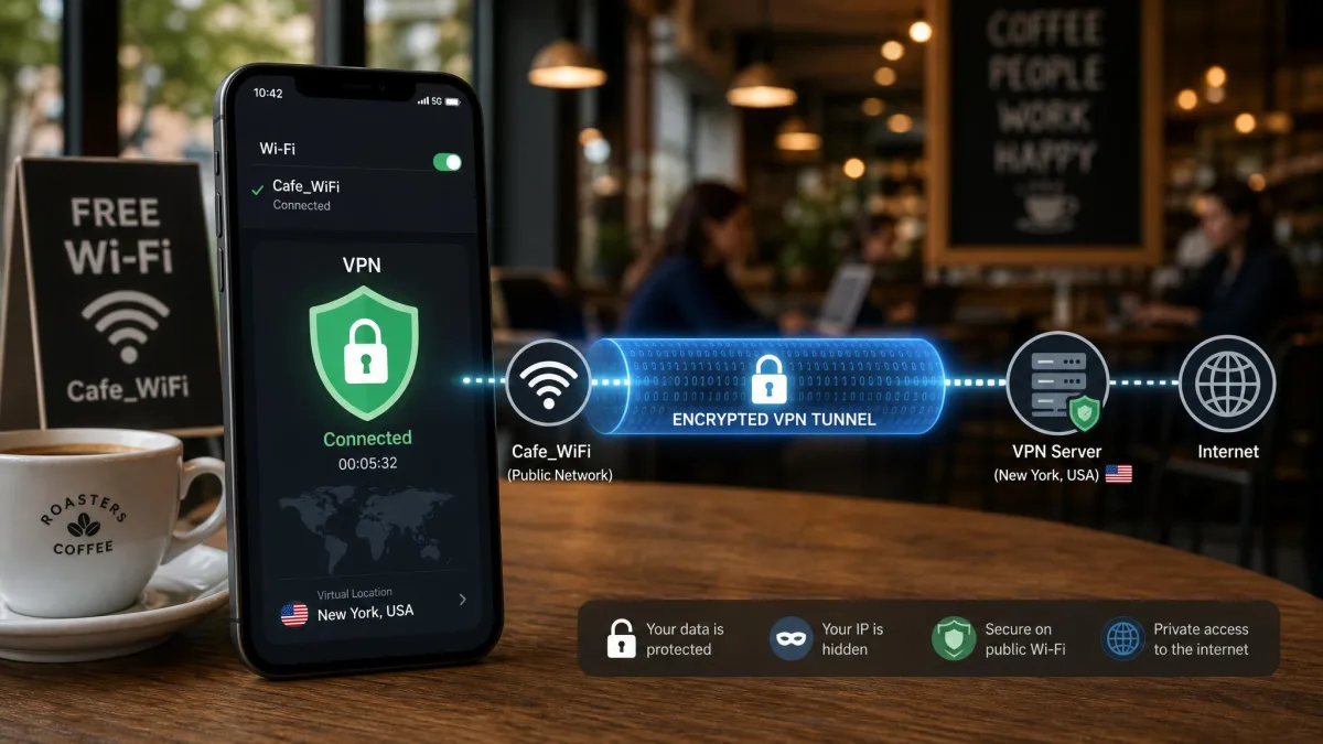 A phone connecting to public cafe Wi-Fi with a VPN shield icon overlay showing the encrypted tunnel protecting the connection.