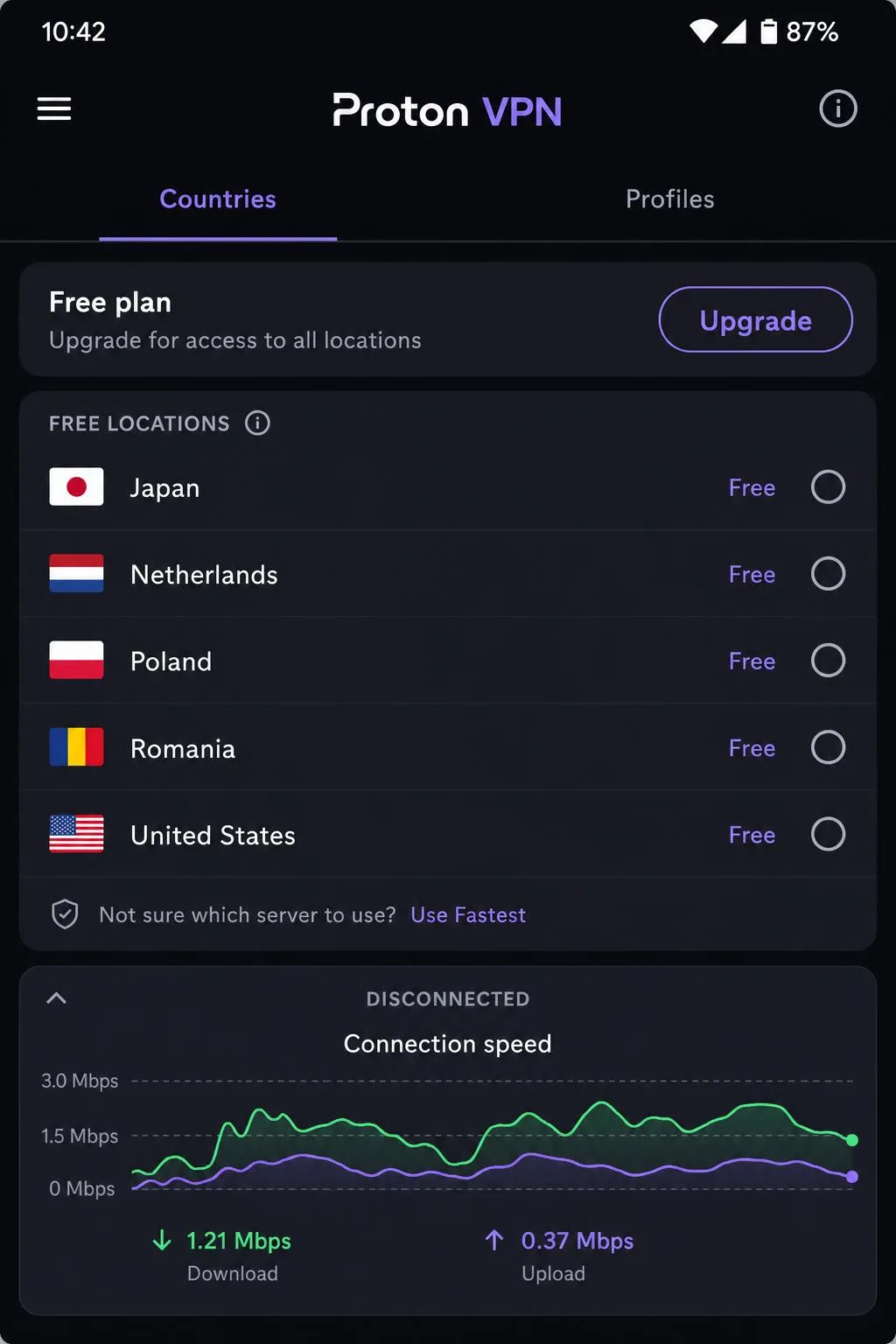 Proton VPN's Android app showing the free-tier server location list with the connection speed graph at the bottom of the screen.