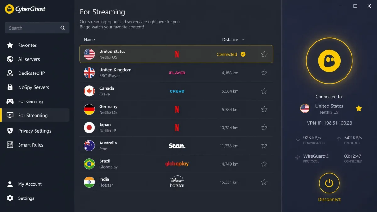 CyberGhost app displaying its list of streaming-optimized servers with labels for specific platforms, one selected and connected.