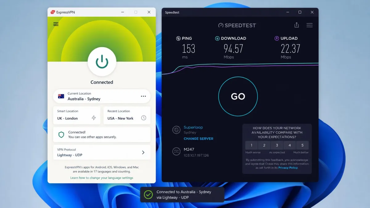 ExpressVPN desktop app connected to a distant overseas server using the Lightway protocol, with a speed test result showing minimal slowdown.