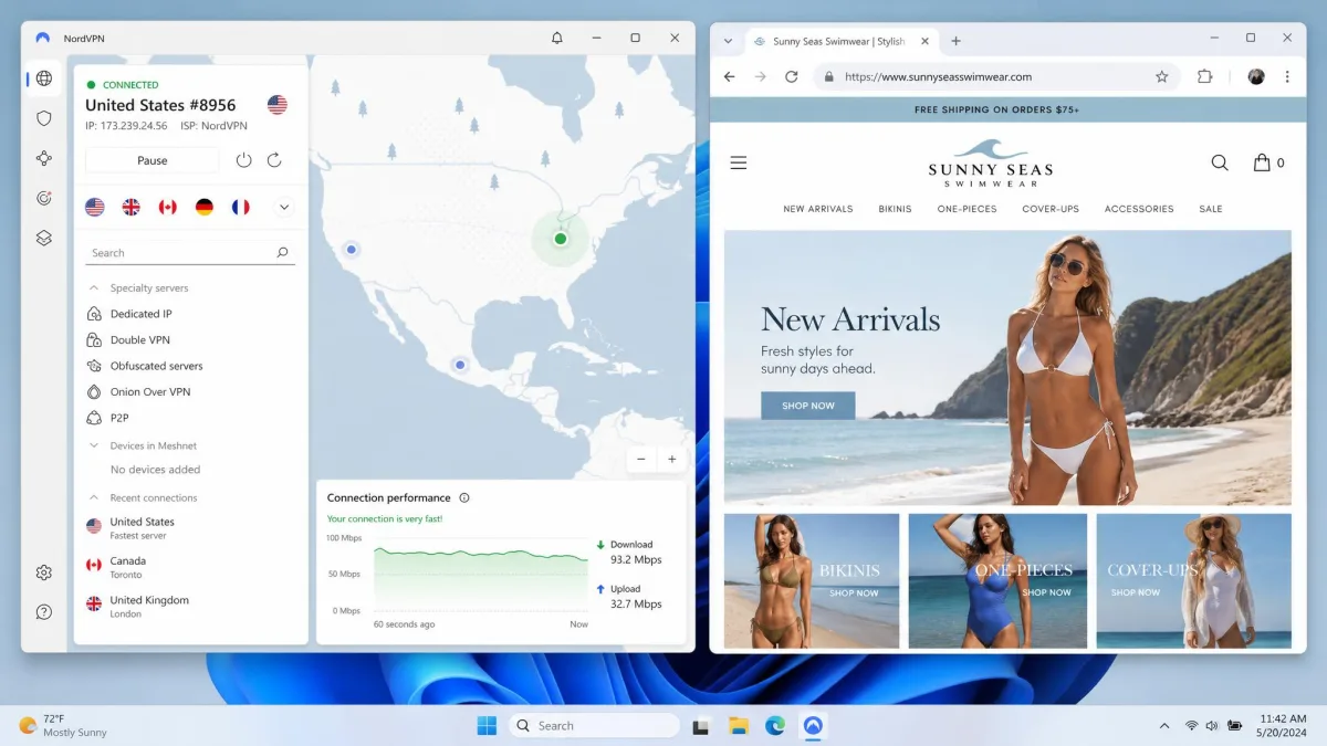 NordVPN Windows app connected to a nearby server with the speed graph showing minimal loss, next to a browser window where an adult streaming site has loaded normally.
