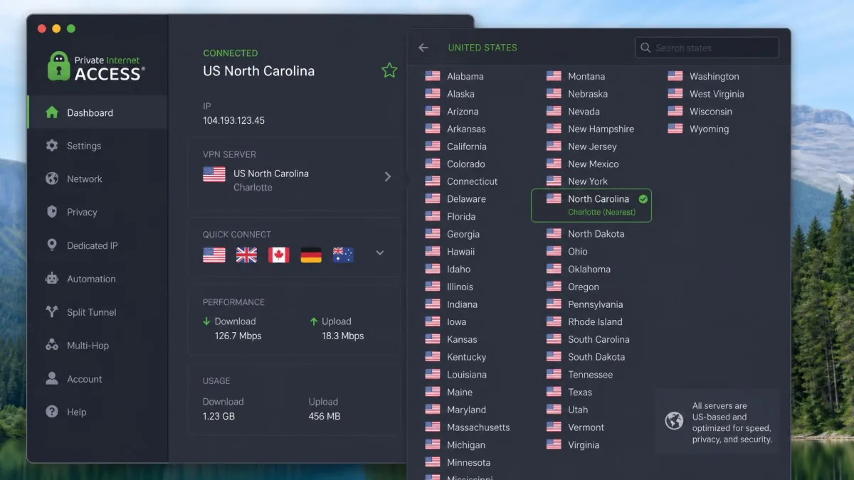 Private Internet Access app showing a dropdown of US server locations covering all 50 states, with a nearby state server selected.
