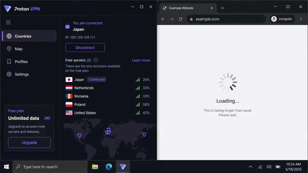 Proton VPN free plan interface showing the limited free server locations and an unlimited-data label, with a page loading slowly in the adjacent browser.