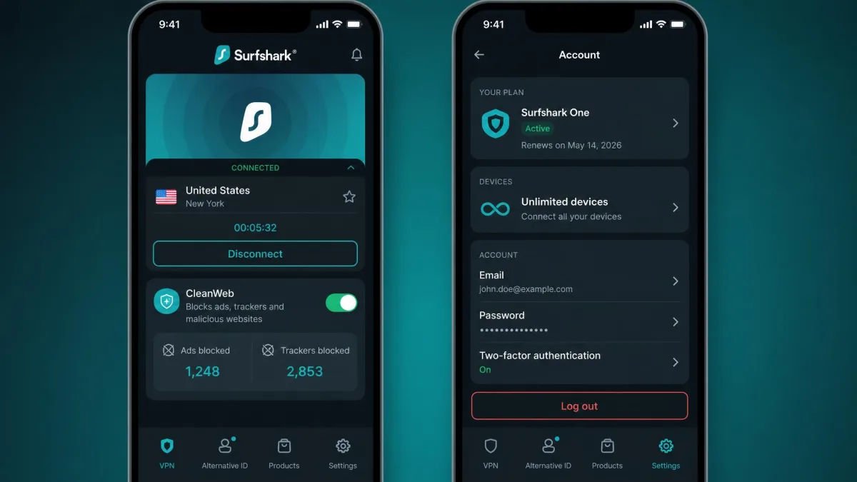 Surfshark mobile app showing the CleanWeb toggle enabled and a counter of blocked ads and trackers, with unlimited devices highlighted in the account panel.