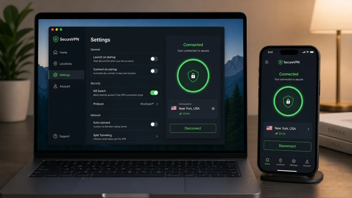 A VPN app settings screen with the kill switch toggle enabled and a nearby server connected, shown on a laptop next to a phone running the same app.