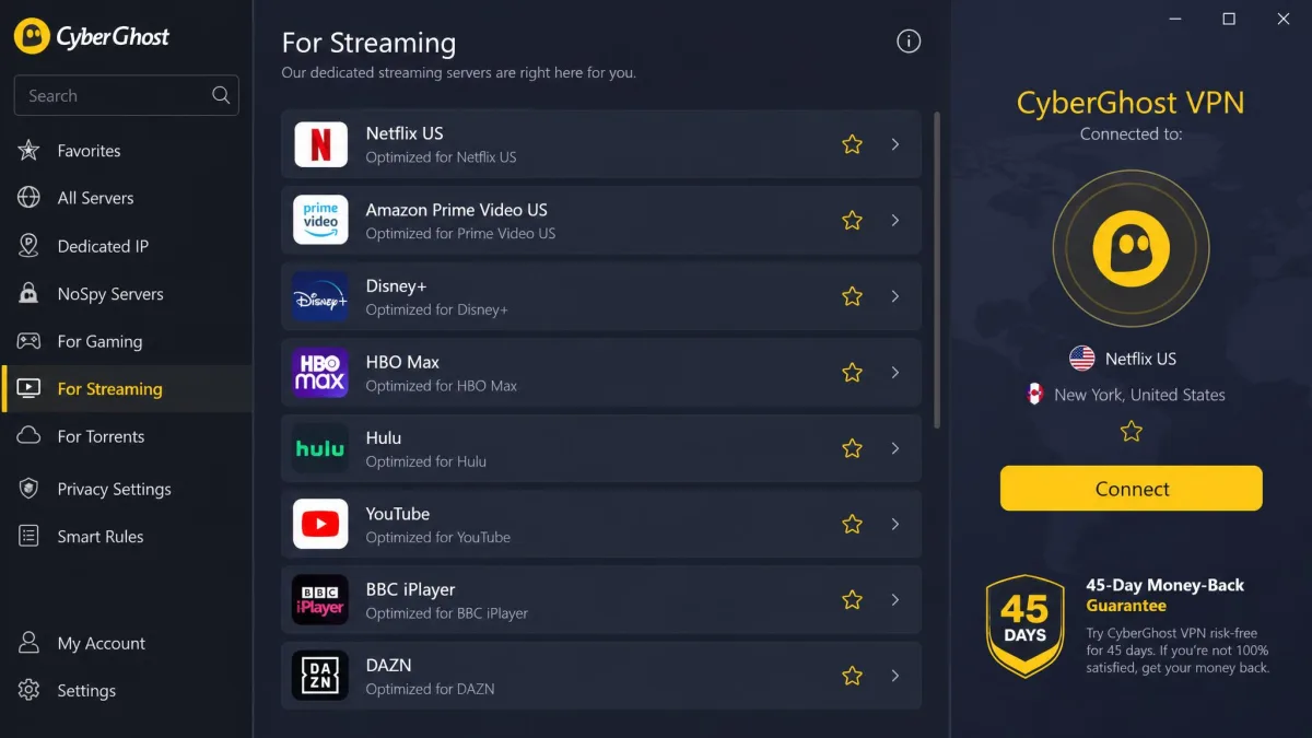 CyberGhost app showing a list of streaming-optimized servers labeled by purpose, with a connect button and the 45-day guarantee badge.